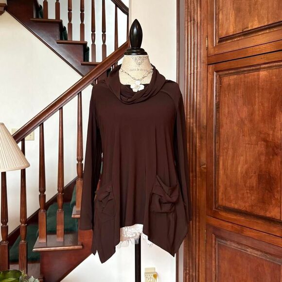 Brown Vintage Tunic Blouse Long Sleeve Pockets Cowl Neckline Cover Charge - Picture 1 of 6